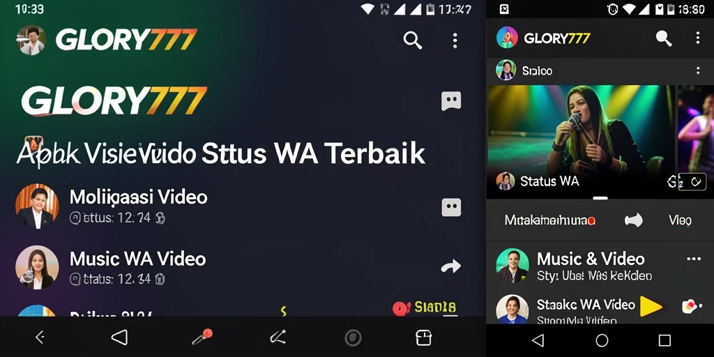 Antarmuka aplikasi GLORY777 menampilkan beragam pilihan video status WA.